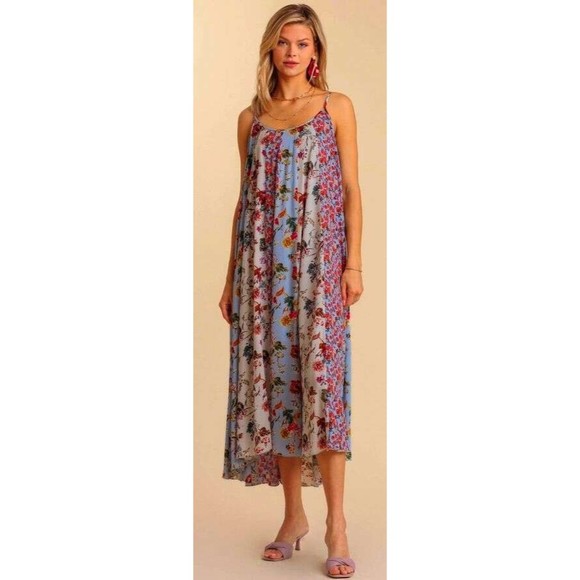 New Umgee S L Floral Mixed Print Adjustable Spaghetti Strap Hi-Low Maxi Dress - Picture 1 of 4